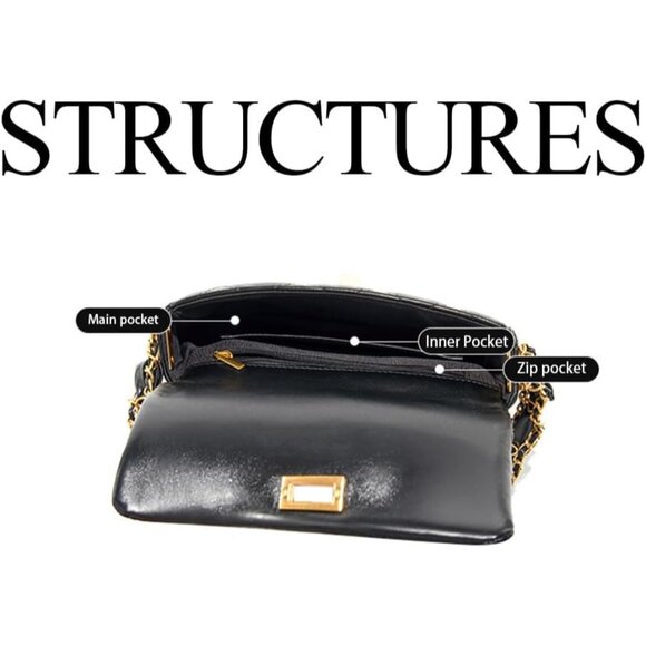 Black Quilted Crossbody Bag with Chain Strap and Buckle Closure - Women's Fashio - Picture 4 of 6